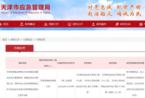天津頂津食品因安全生產管理違規被罰4萬元